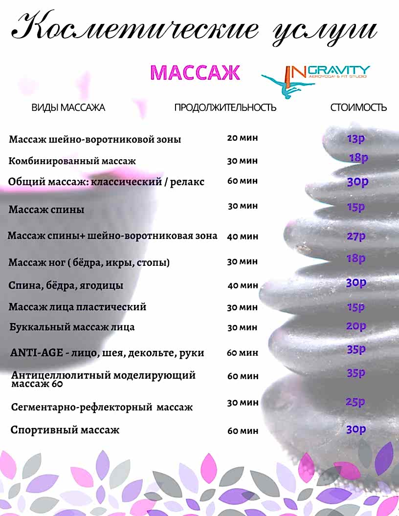 Прайс-лист на массаж